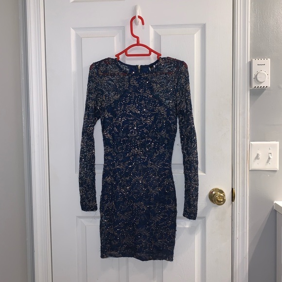 navy blue dress with gold accents